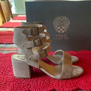 Vince Camuto Taupe Suede Block Heel Sandals